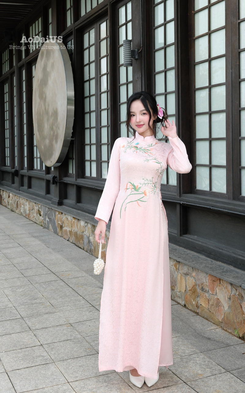 Graceful Pink Floral Embroidered Vietnamese Traditional Ao Dai Set B38