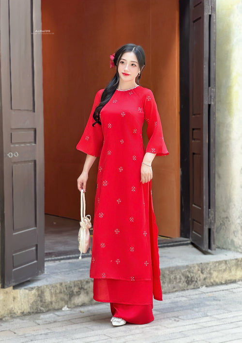 Red Snowflake Ao Dai Vietnam NO PANTS | Modern Vietnamese Ao Dai D10