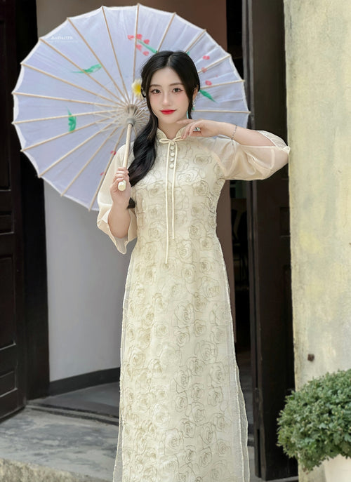 Beige Glittery Rose Floral Ao Dai For Women | Vietnamese Modernized Dress OB1