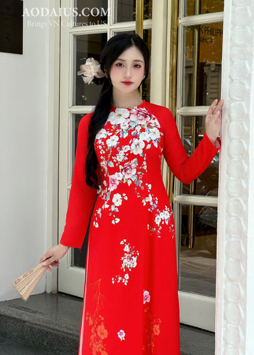 Red Spring Blossom Vietnamese Traditional Ao Dai No Pants I7