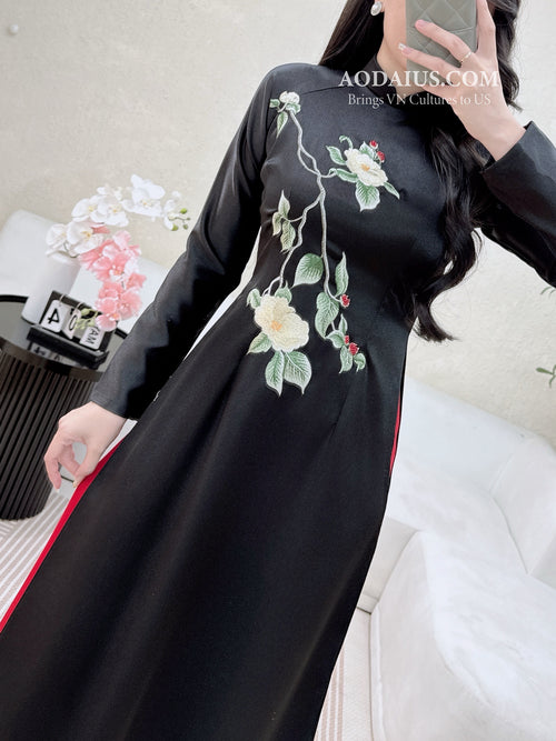 Midnight Floral Noir Embroidered Ao Dai N7