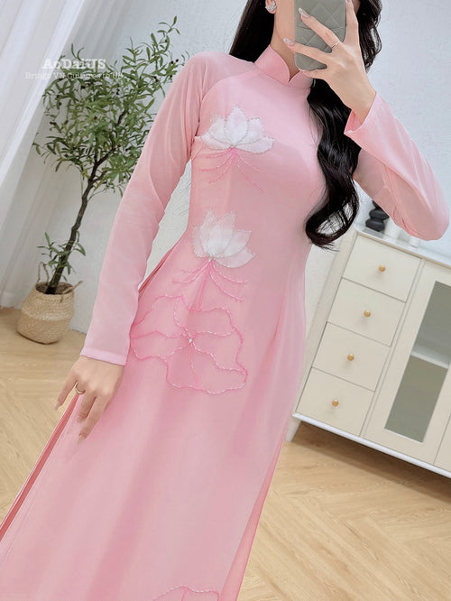 Pink Lotus Traditional Ao Dai Crystal Beading No Pants B4