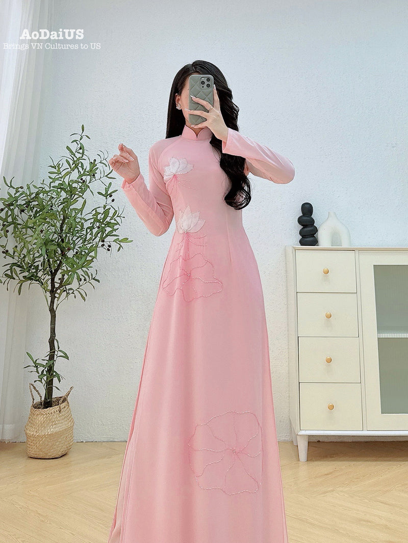 Pink Lotus Traditional Ao Dai Crystal Beading No Pants B4
