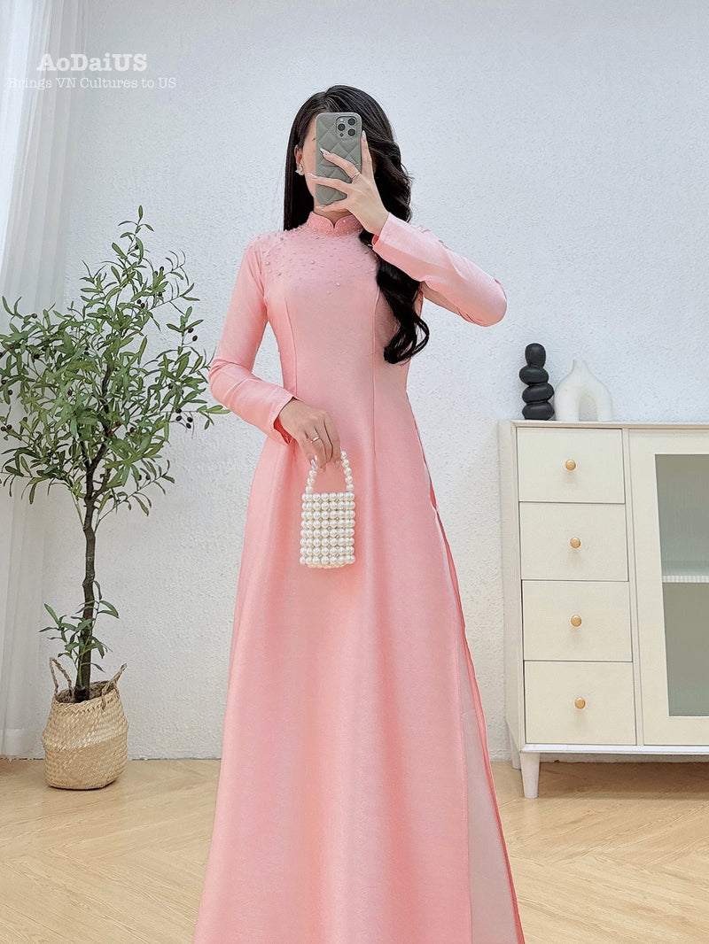 Pink Pearl Grace Traditional Vietnamese Ao Dai No Pants | Áo Dài Truyền Thống Hồng C14