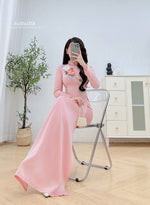 Pink Traditional Ao Dai with 3D Floral and Crystal Beading Set | Áo Dài Hồng Truyền Thống B2