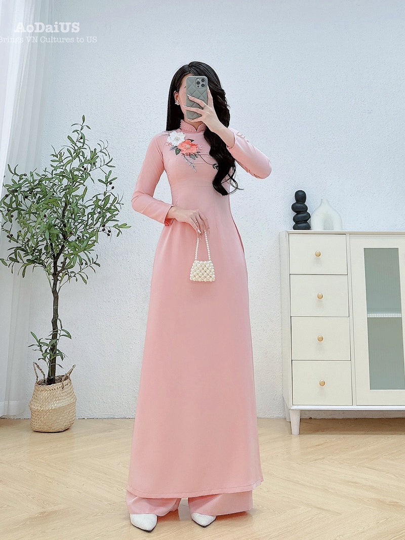 Pink Traditional Ao Dai with 3D Floral and Crystal Beading Set | Áo Dài Hồng Truyền Thống B2