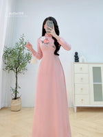 Pink Traditional Ao Dai with 3D Floral and Crystal Beading Set | Áo Dài Hồng Truyền Thống B2