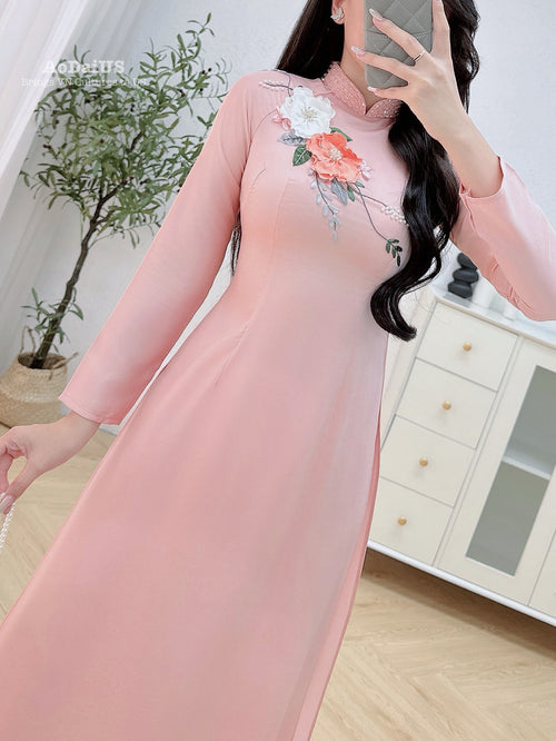 Pink Traditional Ao Dai with 3D Floral and Crystal Beading Set | Áo Dài Hồng Truyền Thống B2