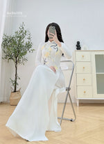 White Traditional Ao Dai with Embroidered Floral Ribbon No Pants | Áo Dài Trắng Truyền Thống A22