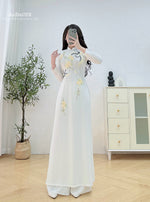 White Traditional Ao Dai with Embroidered Floral Ribbon No Pants | Áo Dài Trắng Truyền Thống A22
