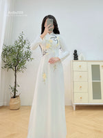 White Traditional Ao Dai with Embroidered Floral Ribbon No Pants | Áo Dài Trắng Truyền Thống A22