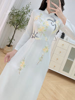 White Traditional Ao Dai with Embroidered Floral Ribbon No Pants | Áo Dài Trắng Truyền Thống A22