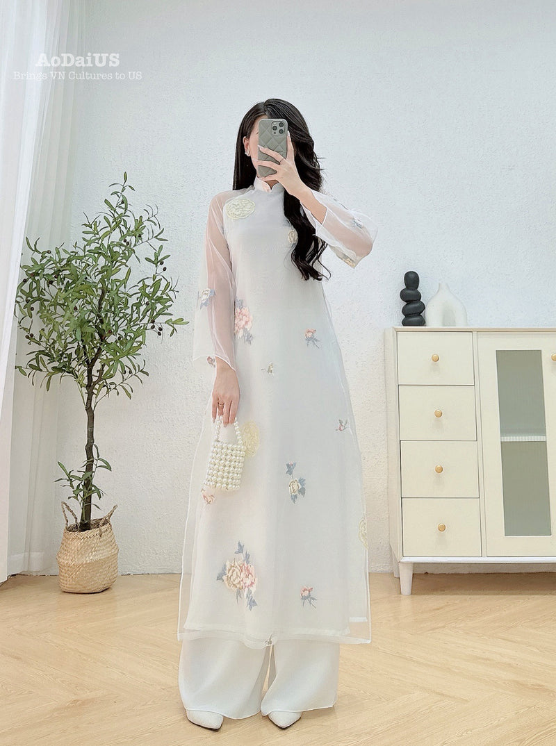 Peony White Modern Ao Dai No Pants | Áo Dài Trắng Tơ Ren Hoa Mẫu Đơn H6