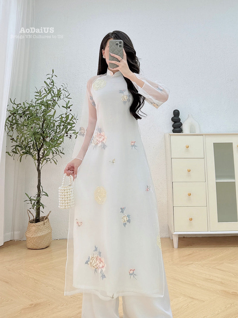 Peony White Modern Ao Dai No Pants | Áo Dài Trắng Tơ Ren Hoa Mẫu Đơn H6
