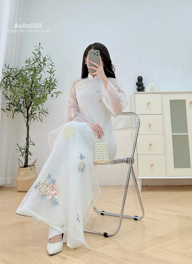 Peony White Modern Ao Dai No Pants | Áo Dài Trắng Tơ Ren Hoa Mẫu Đơn H6