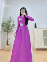 Purple Lotus Traditional Ao Dai with Crystal Beading No Pants | Áo Dài Tím Truyền Thống H1