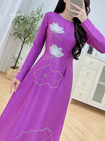 Purple Lotus Traditional Ao Dai with Crystal Beading No Pants | Áo Dài Tím Truyền Thống H1