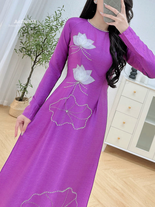 Purple Lotus Traditional Ao Dai with Crystal Beading No Pants | Áo Dài Tím Truyền Thống H1