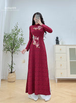 Floral Burgundy Traditional Vietnamese Ao Dai No Pants | Áo Dài Đỏ Đậm Thêu Hoa H40