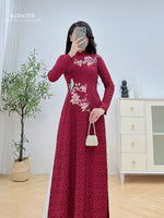 Floral Burgundy Traditional Vietnamese Ao Dai No Pants | Áo Dài Đỏ Đậm Thêu Hoa H40