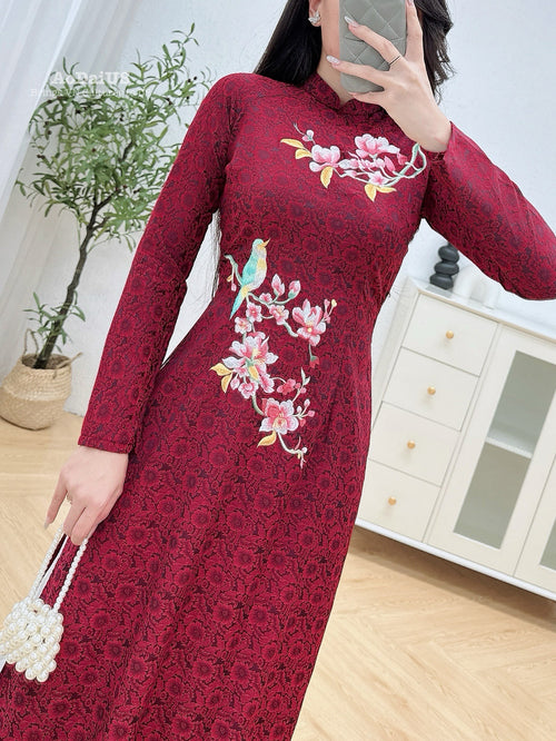 Floral Burgundy Traditional Vietnamese Ao Dai No Pants | Áo Dài Đỏ Đậm Thêu Hoa H40