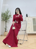 Floral Burgundy Traditional Vietnamese Ao Dai No Pants | Áo Dài Đỏ Đậm Thêu Hoa H40
