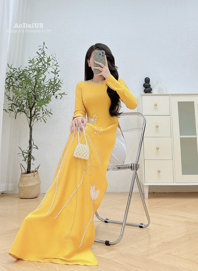 Yellow Lotus Traditional Ao Dai Crystal Beading No Pants | Áo Dài Truyền Thống H41