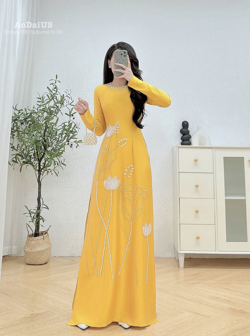 Yellow Lotus Traditional Ao Dai Crystal Beading No Pants | Áo Dài Truyền Thống H41