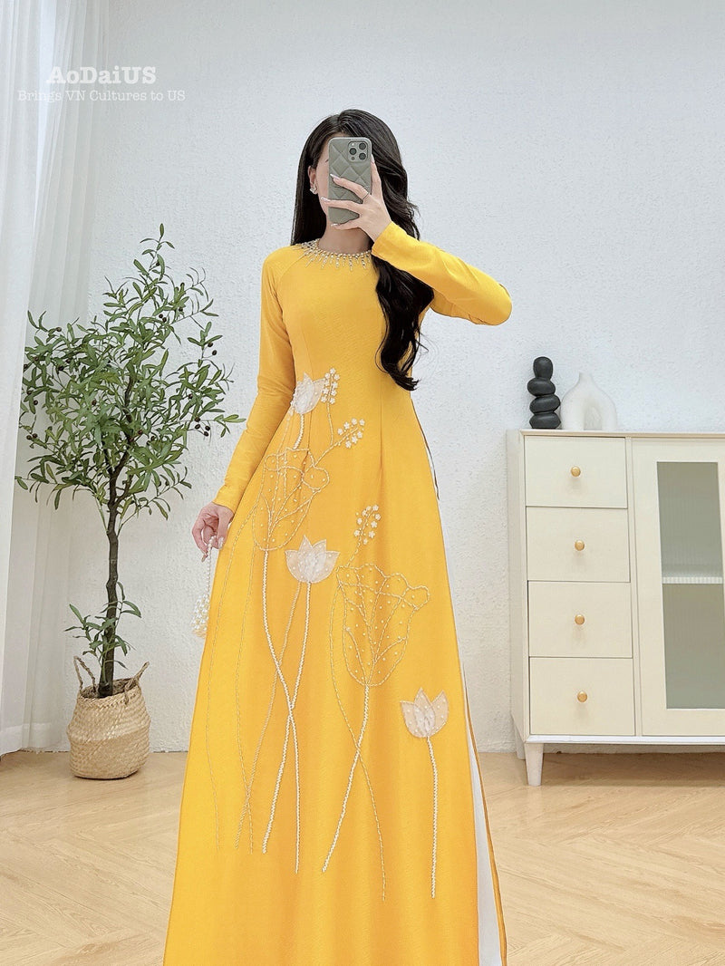 Yellow Lotus Traditional Ao Dai Crystal Beading No Pants | Áo Dài Truyền Thống H41