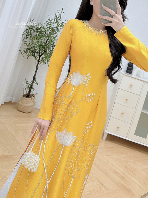 Yellow Lotus Traditional Ao Dai Crystal Beading No Pants | Áo Dài Truyền Thống H41