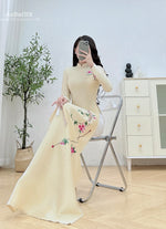 Floral Beige Traditional Vietnamese Ao Dai No Pants | Áo Dài Kem Thêu Hoa C12