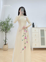 Floral Beige Traditional Vietnamese Ao Dai No Pants | Áo Dài Kem Thêu Hoa C12