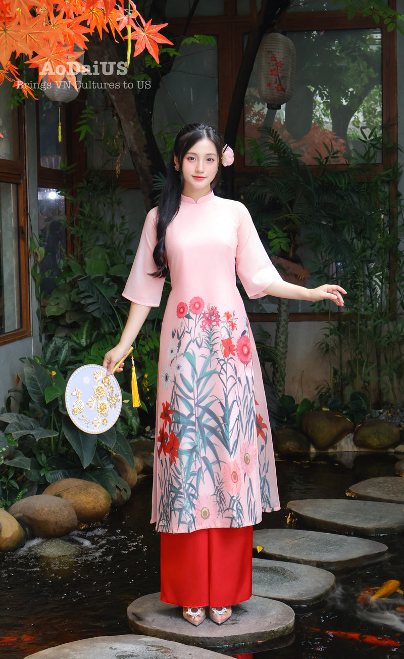 Lily Pink Modern Vietnamese Ao Dai Set | Women Vietnamese Dress B13