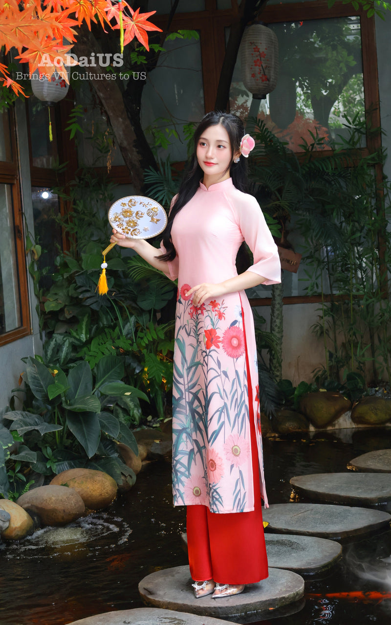 Lily Pink Modern Vietnamese Ao Dai Set | Women Vietnamese Dress B13