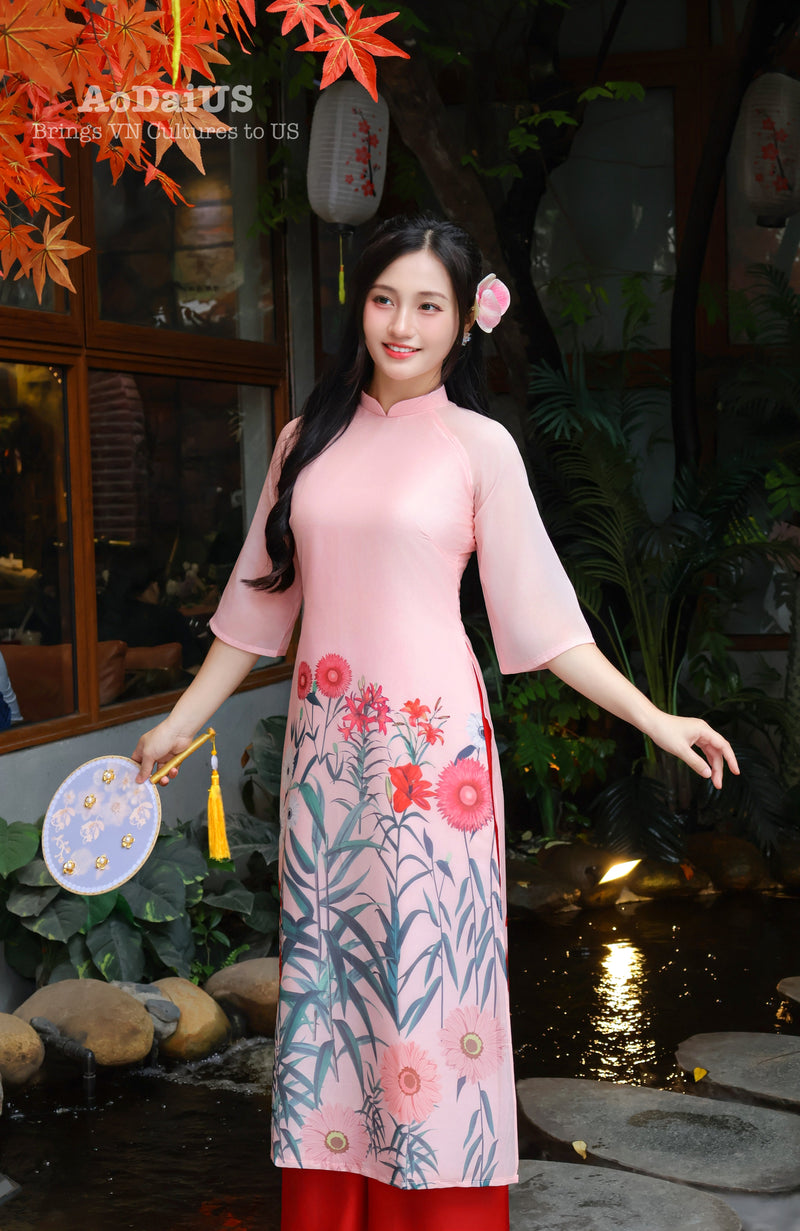 Lily Pink Modern Vietnamese Ao Dai Set | Women Vietnamese Dress B13