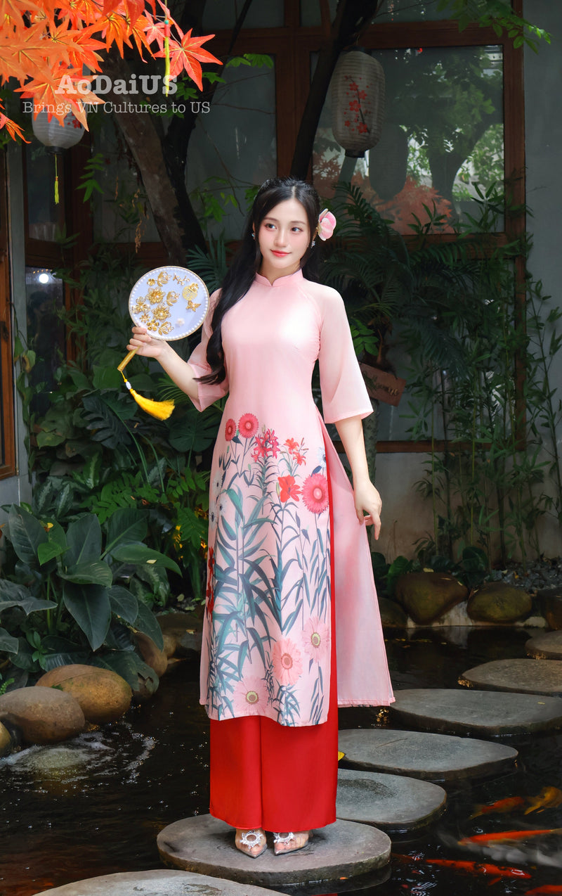 Lily Pink Modern Vietnamese Ao Dai Set | Women Vietnamese Dress B13