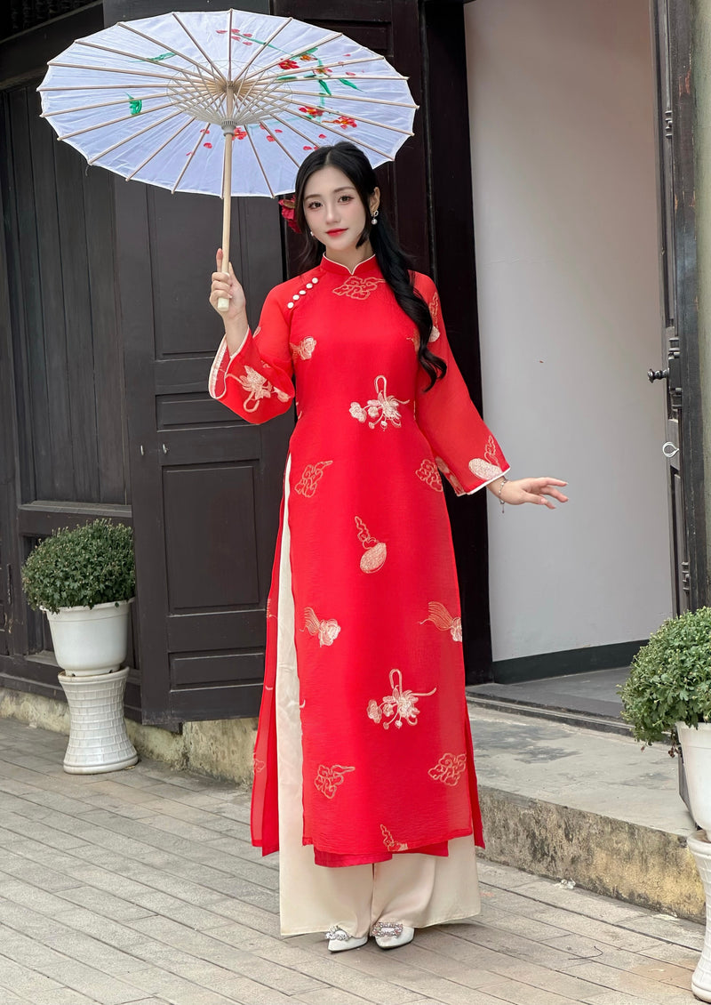 Red Modern Floral Clouds and Jade Comb Ao Dai For Women No Pants | Vietnamese Modernized Dress | Up to 10XL A1