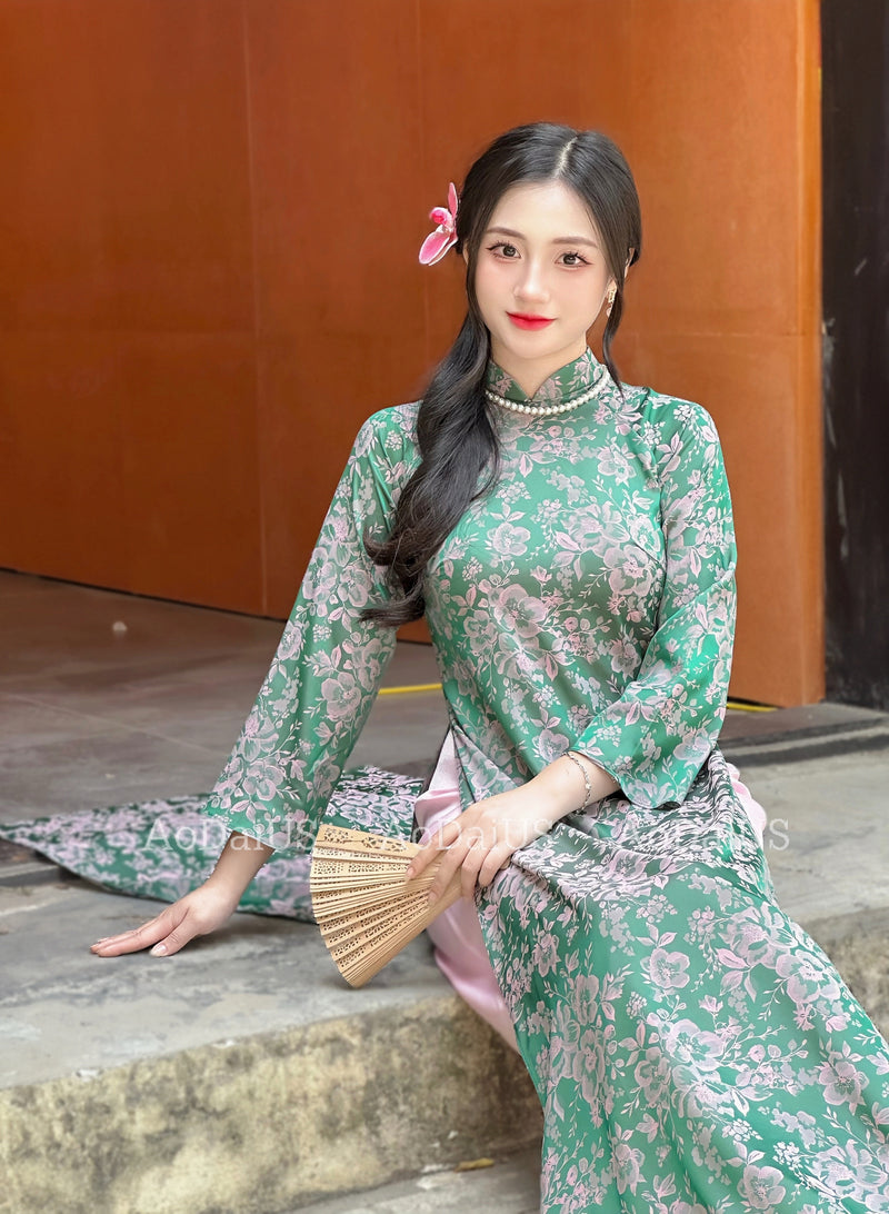 Green Floral Ao Dai Gam NO PANTS | Ao Dai Vietnam | Vietnamese Traditional Ao Dai For Women | Áo Dài Truyền Thống C2