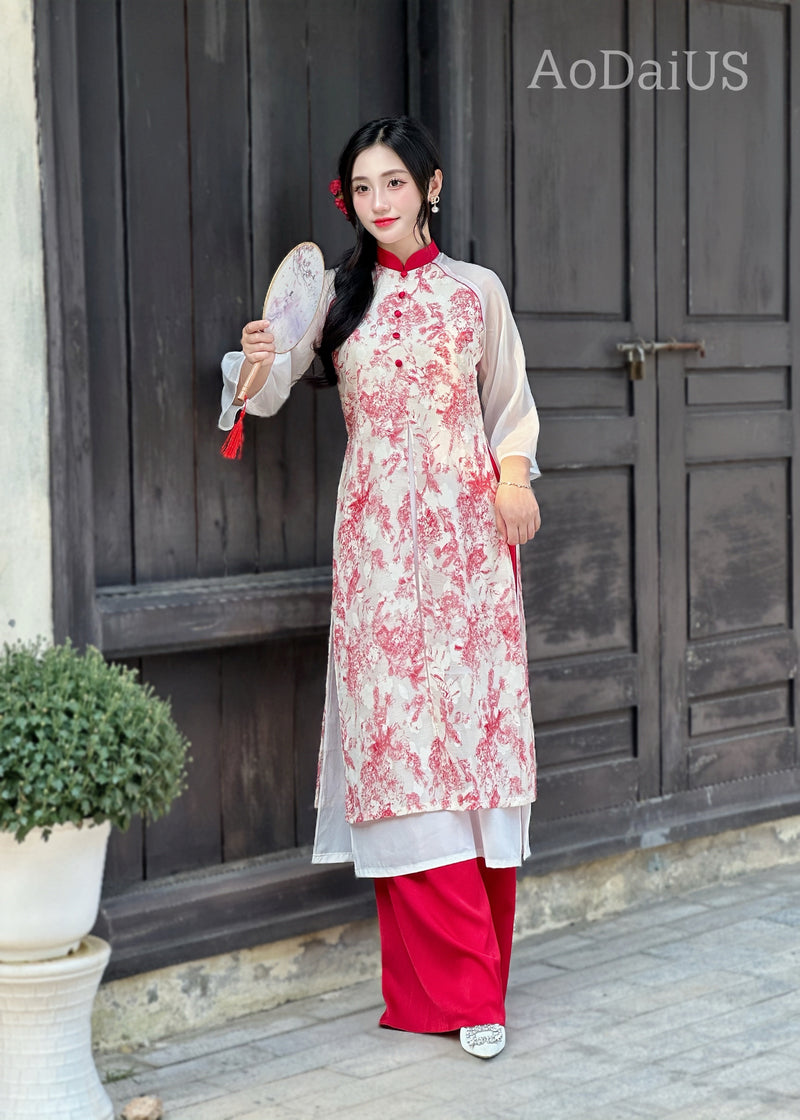 Red Ao Dai with a front slit For Women No Pants | Vietnamese Modernized Dress | Up to 10XL