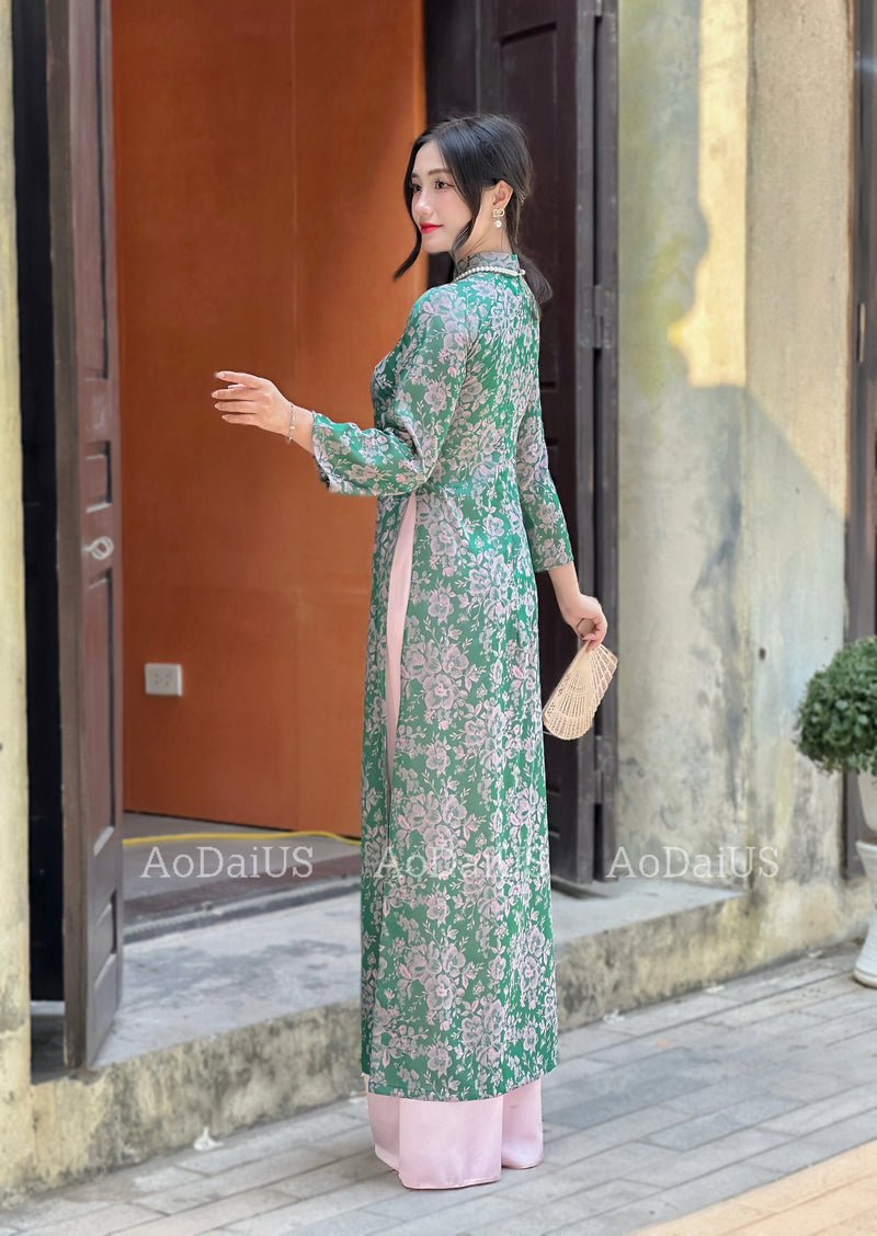 Green Floral Ao Dai Gam NO PANTS | Ao Dai Vietnam | Vietnamese Traditional Ao Dai For Women | Áo Dài Truyền Thống C2