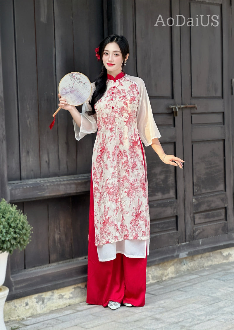 Red Ao Dai with a front slit For Women No Pants | Vietnamese Modernize Ao Dai US Red Ao Dai with a front slit For Women No Pants | Vietnamese Modernize Ao Dai US