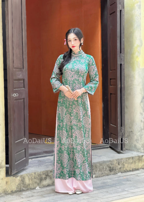 Green Floral Ao Dai Gam NO PANTS | Ao Dai Vietnam | Vietnamese Traditional Ao Dai For Women | Áo Dài Truyền Thống H15