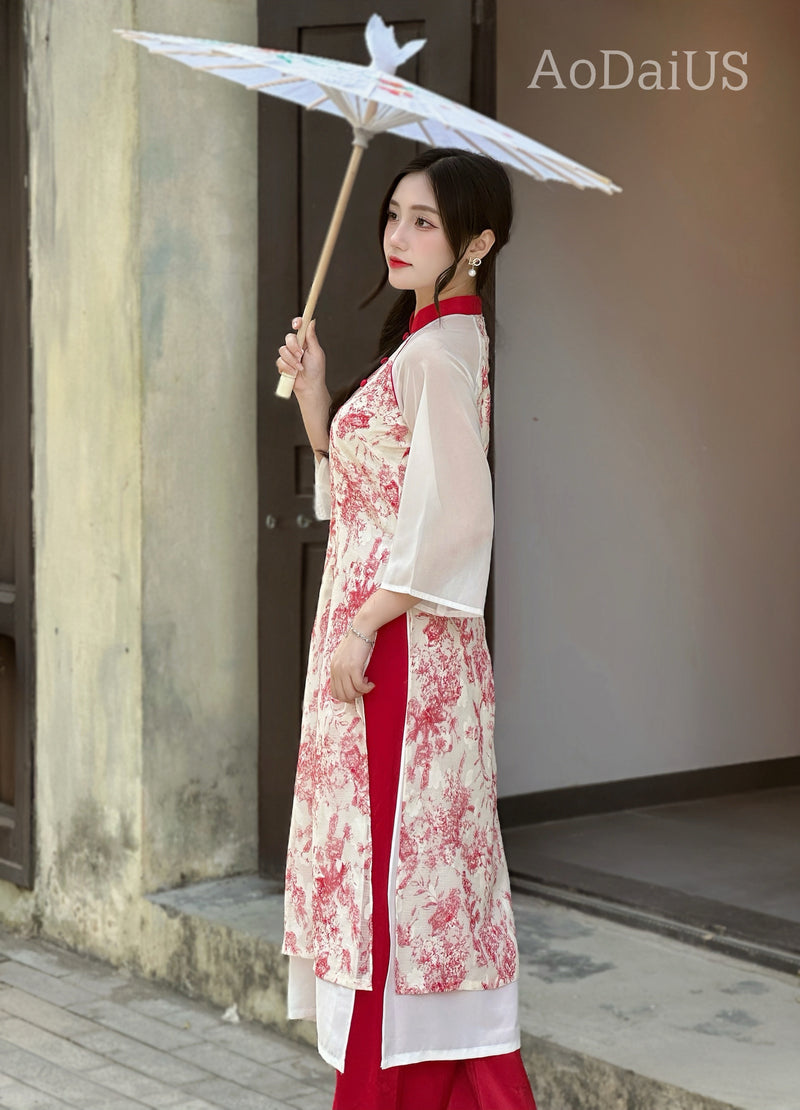 vietnamese dresses Red Ao Dai with a front slit For Women No Pants