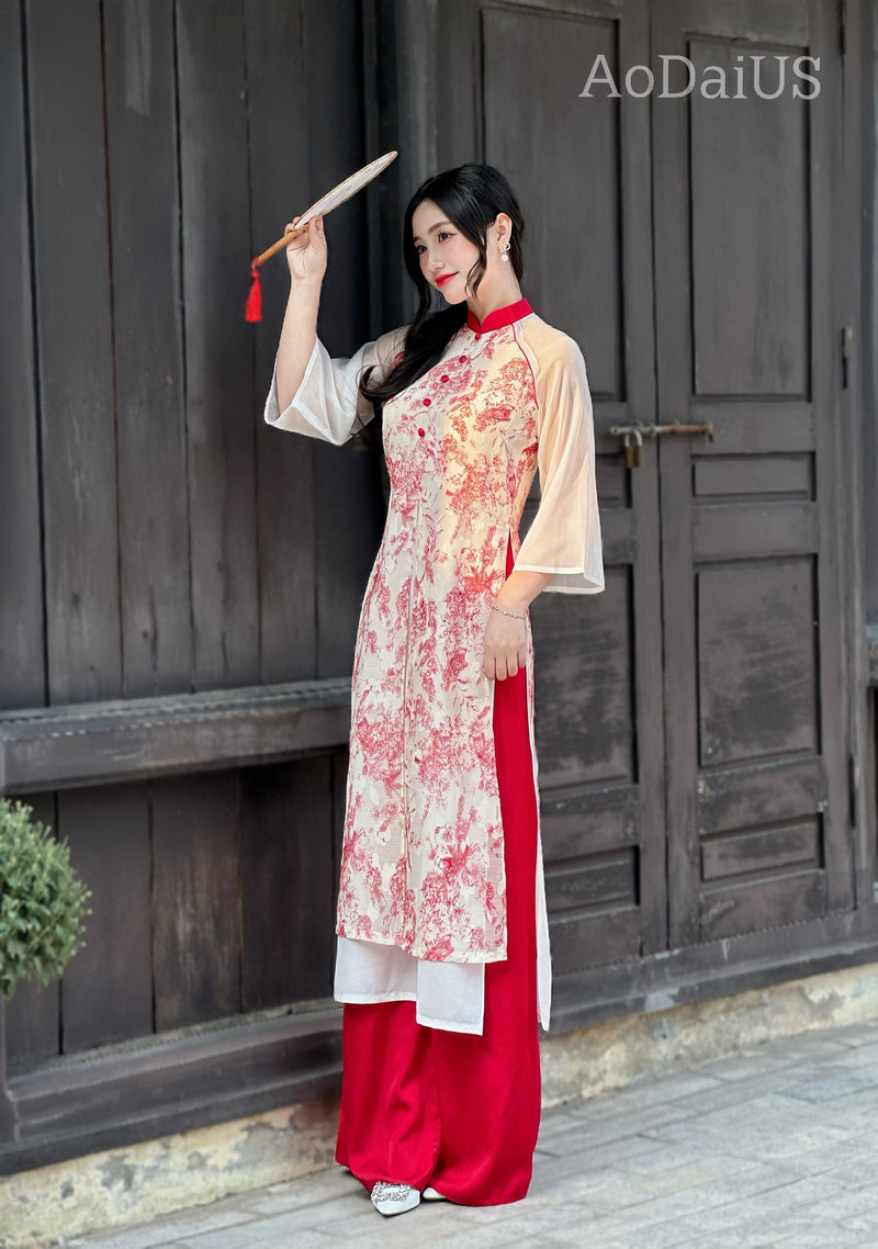 Red Ao Dai with a front slit For Women No Pants | Vietnamese Modernized Dress | Up to 10XL