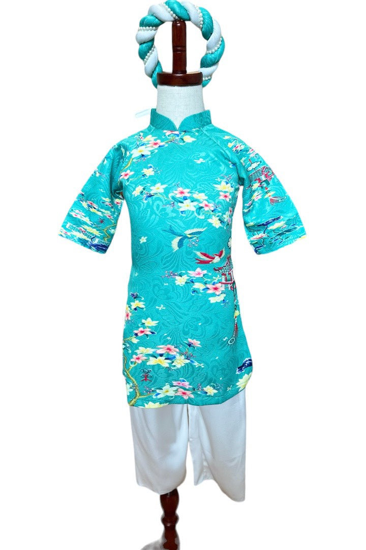 Blue Girl Printed Ao Dai Set | Pre-made Traditional Vietnamese Ao Dai | Lunar New Year| Kid Ao Dai | Ao Dai for Girl