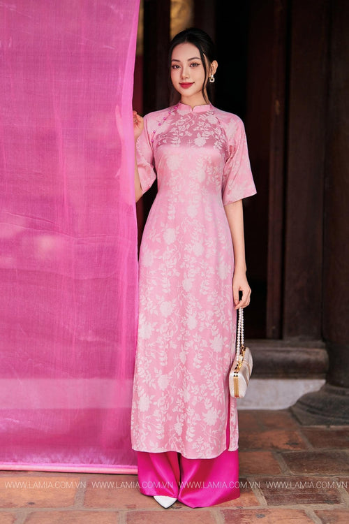 Vietnamese Traditional Dress for Women | Pink Ao Dai Gam Vietnam C1