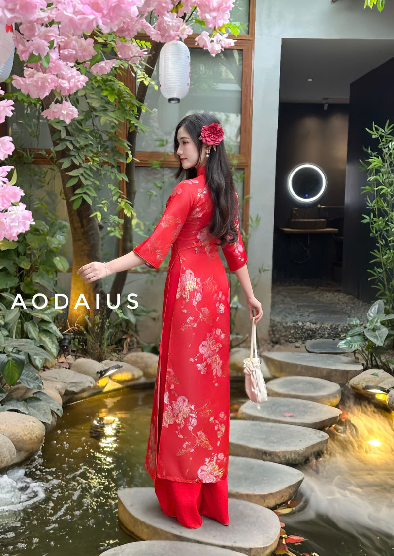 Red Gấm Ao Dai For Women NO Pants | Áo Dài Truyền Thống