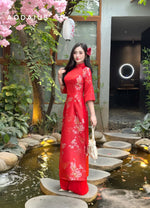 Red Gấm Ao Dai For Women NO Pants | Áo Dài Truyền Thống