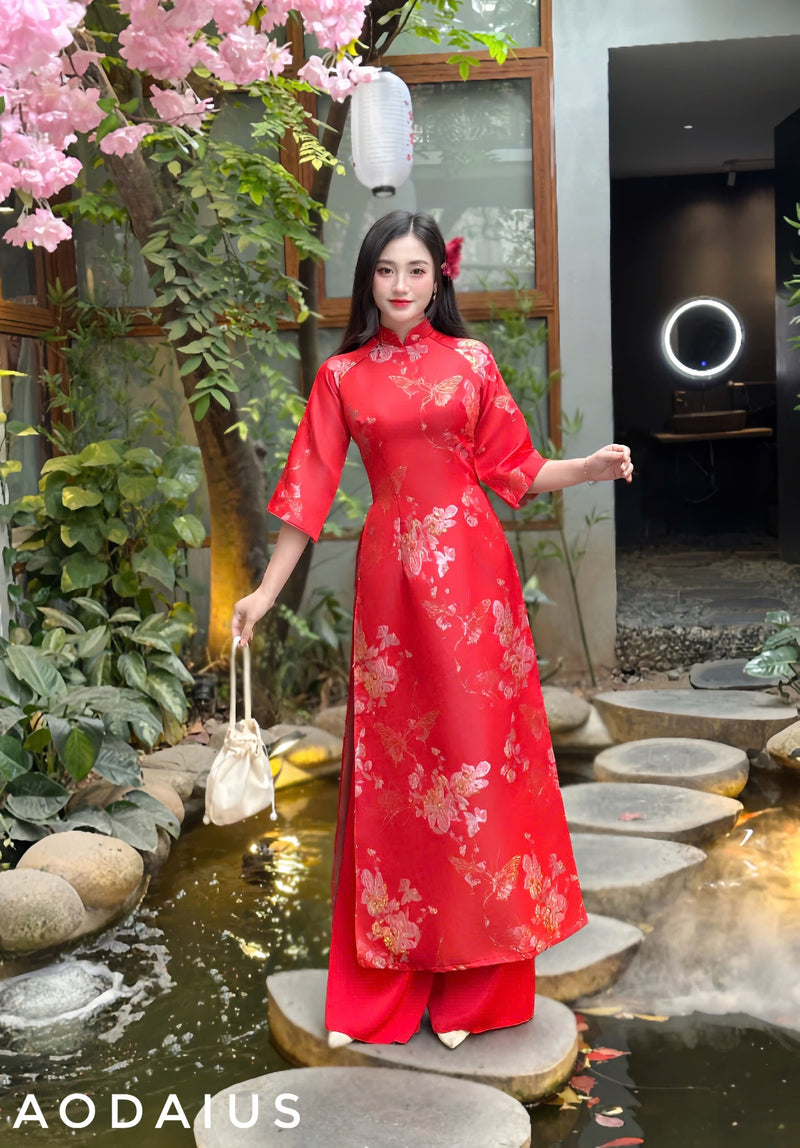 Red Gấm Ao Dai For Women NO Pants | Áo Dài Truyền Thống