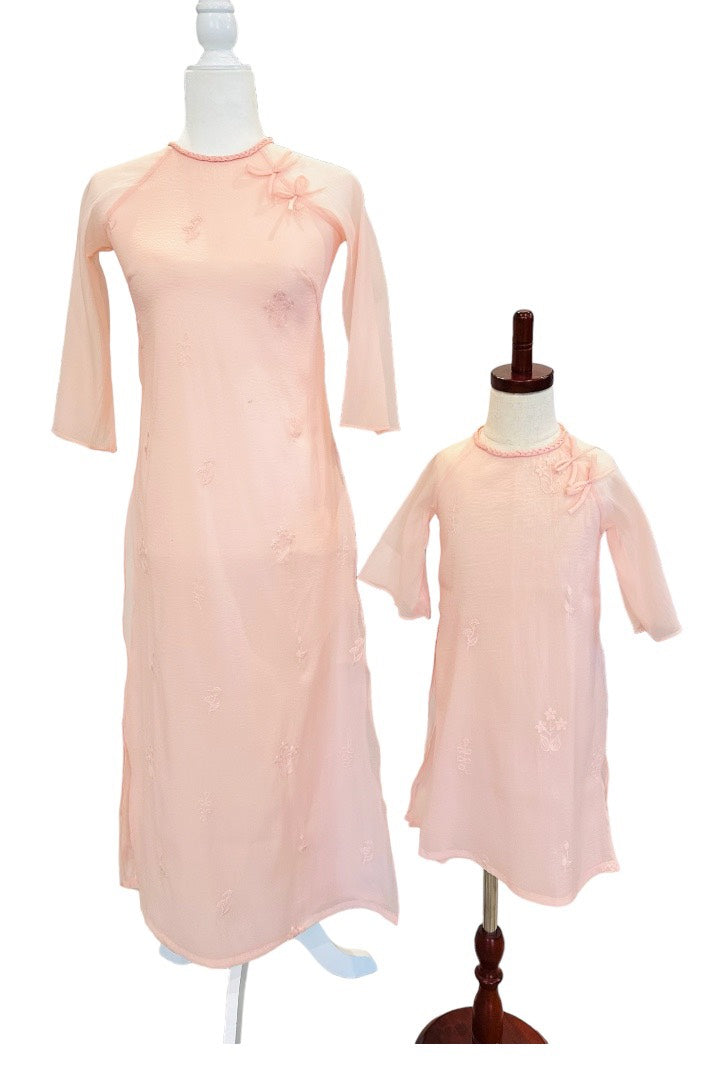 Mom& Daughter Modernized Ao Dai Set | Pastel Pink Modern Vietnamese Ao Dai | Áo Dài Cách Tân | Kid Ao Dai